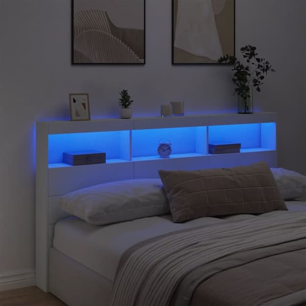 sengegavl med opbevaring og LED-lys 180x17x102 cm hvid