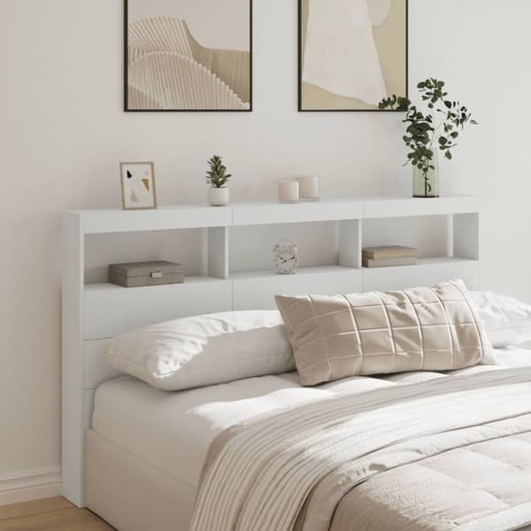 sengegavl med opbevaring og LED-lys 180x17x102 cm hvid