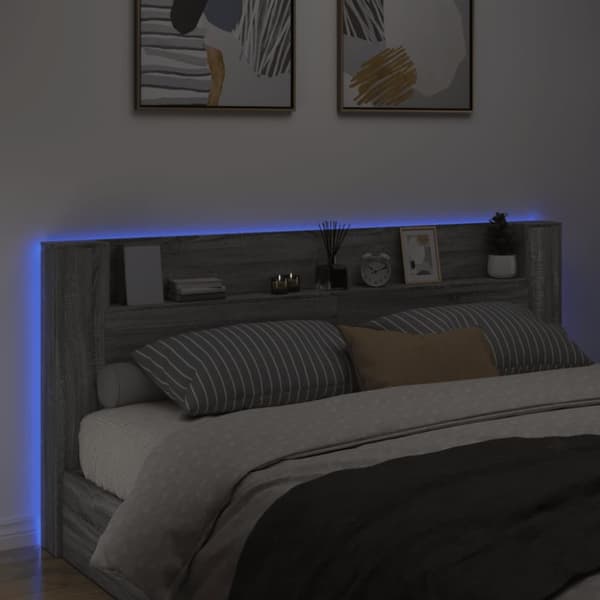 sengegavl m. opbevaring og LED-lys 220x16,5x103,5 cm grå sonoma