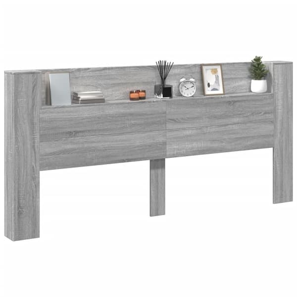 sengegavl m. opbevaring og LED-lys 220x16,5x103,5 cm grå sonoma