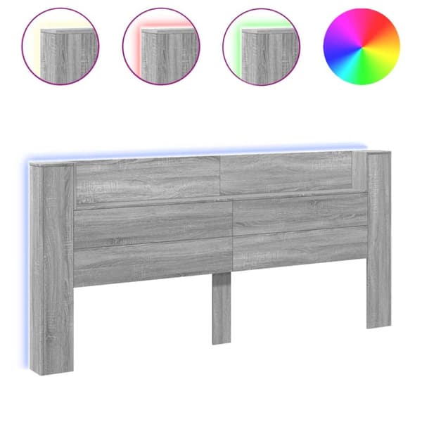 sengegavl m. opbevaring og LED-lys 220x16,5x103,5 cm grå sonoma