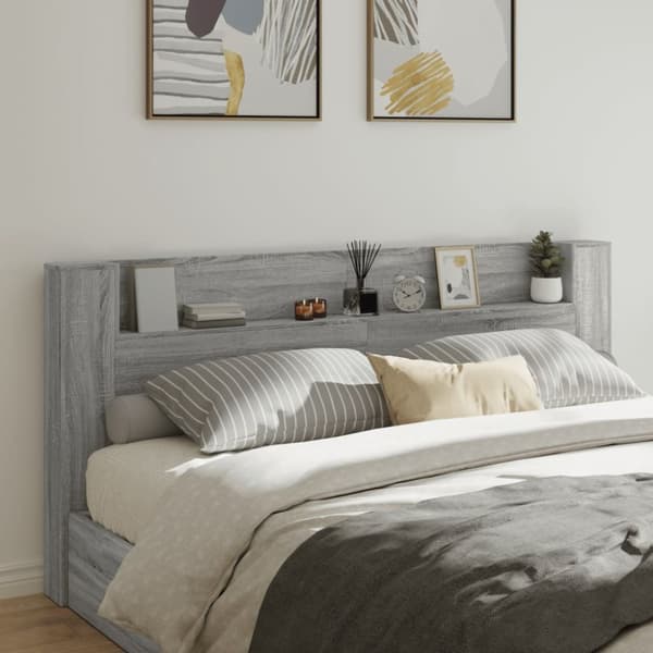 sengegavl m. opbevaring og LED-lys 220x16,5x103,5 cm grå sonoma