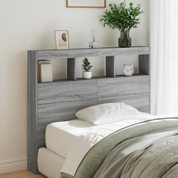 sengegavl med opbevaring og LED-lys 120x17x102 cm grå sonoma-eg