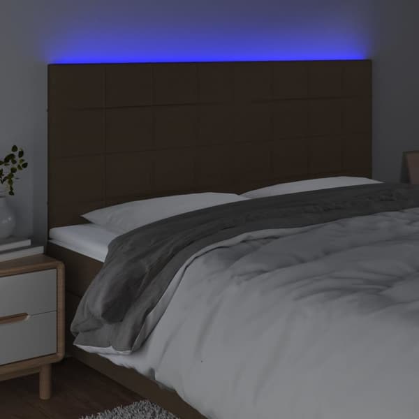 sengegavl med LED-lys 160x5x118/128 cm stof mørkebrun