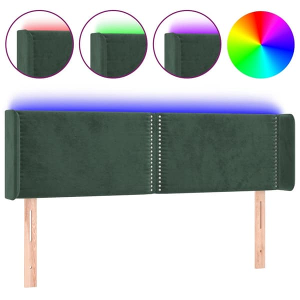 sengegavl med LED-lys 147x16x78/88 cm fløjl mørkegrøn