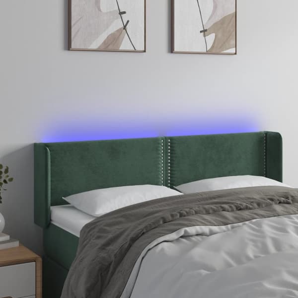 sengegavl med LED-lys 147x16x78/88 cm fløjl mørkegrøn