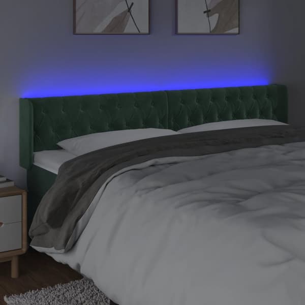 sengegavl med LED-lys 203x16x78/88 cm fløjl mørkegrøn