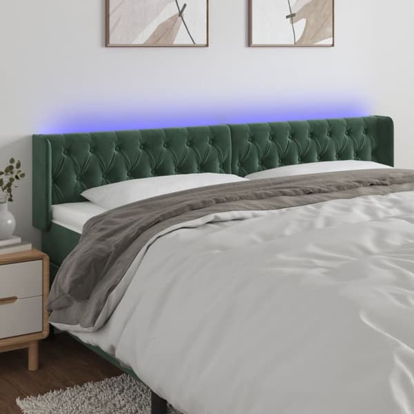 sengegavl med LED-lys 203x16x78/88 cm fløjl mørkegrøn