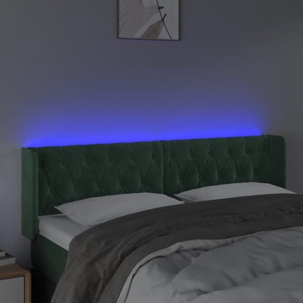 sengegavl med LED-lys 163x16x78/88 cm fløjl mørkegrøn