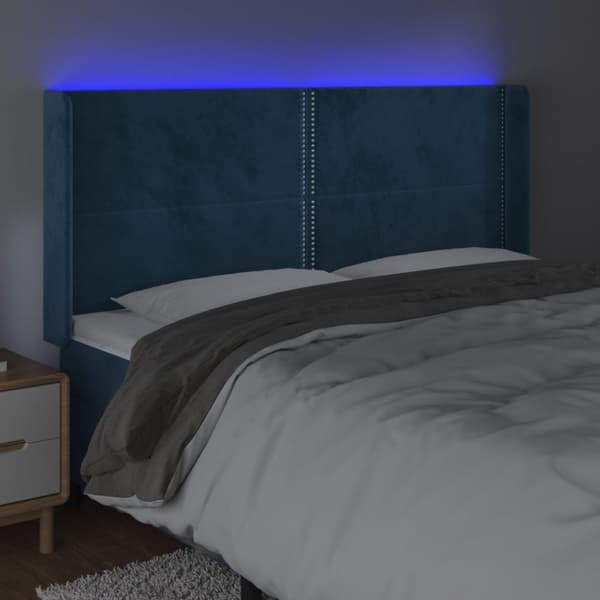 sengegavl med LED-lys 163x16x118/128 cm fløjl mørkeblå