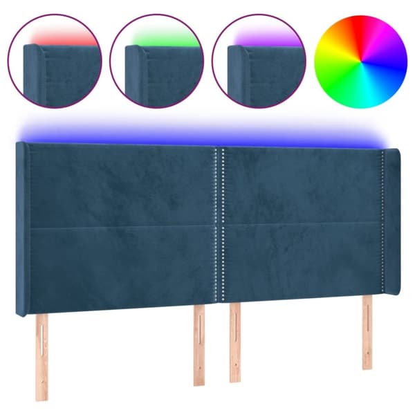 sengegavl med LED-lys 163x16x118/128 cm fløjl mørkeblå