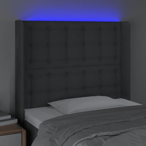 sengegavl med LED-lys 103x16x118/128 cm stof mørkegrå