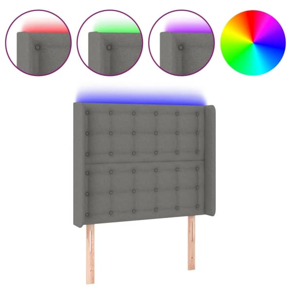 sengegavl med LED-lys 103x16x118/128 cm stof mørkegrå
