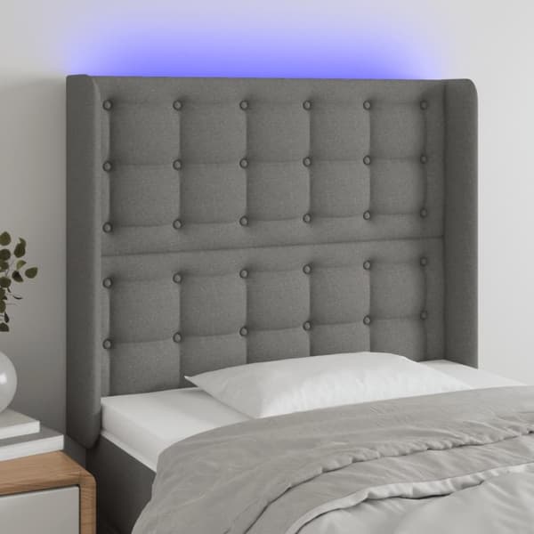 sengegavl med LED-lys 103x16x118/128 cm stof mørkegrå