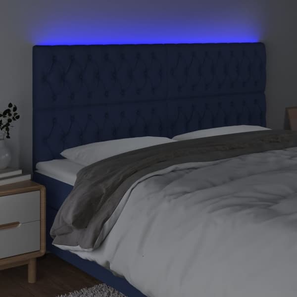 sengegavl med LED-lys 180x7x118/128 cm stof blå