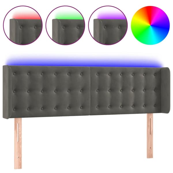 Sängyn pääty LED-valolla, tummanharmaa, 147x16x78/88 cm, sametti