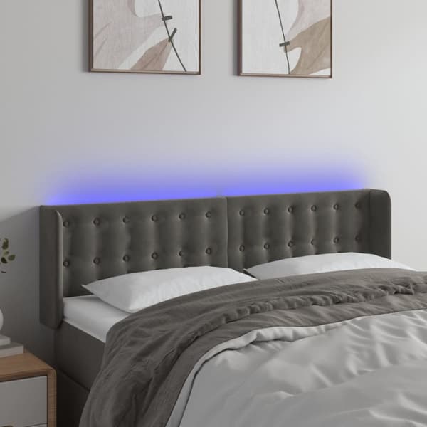 Sängyn pääty LED-valolla, tummanharmaa, 147x16x78/88 cm, sametti