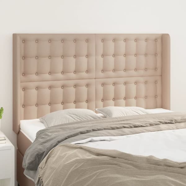 sengegavl med kanter 147x16x118/128 cm kunstlæder cappuccino