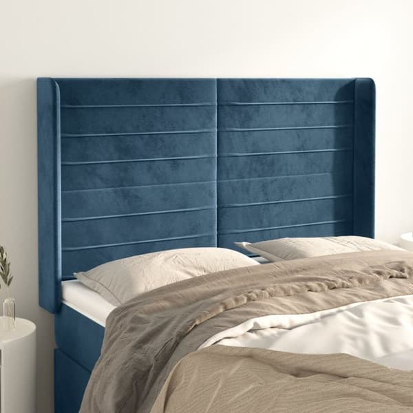sengegavl med kanter 147x16x118/128 cm fløjl mørkeblå