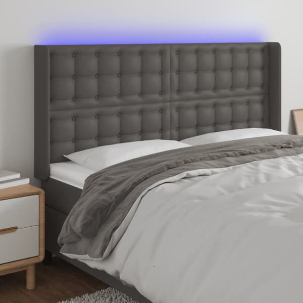 Sängyn pääty LED-valolla, harmaa, 147x16x118/128cm tekonahka
