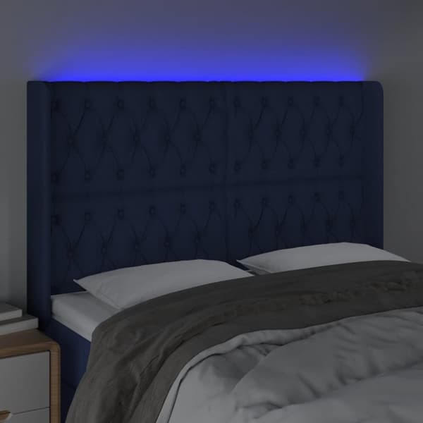 sengegavl med LED-lys 147x16x118/128 cm stof blå