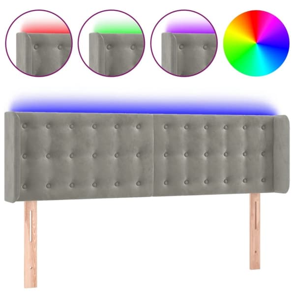 sengegavl med LED-lys 147x16x78/88 cm fløjl lysegrå