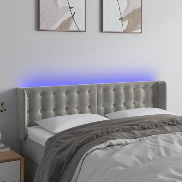 sengegavl med LED-lys 147x16x78/88 cm fløjl lysegrå