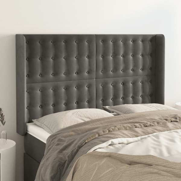 sengegavl med kanter 147x16x118/128 cm fløjl mørkegrå