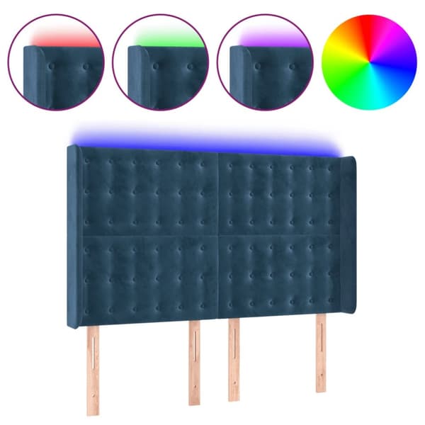 sengegavl med LED-lys 147x16x118/128 cm fløjl mørkeblå