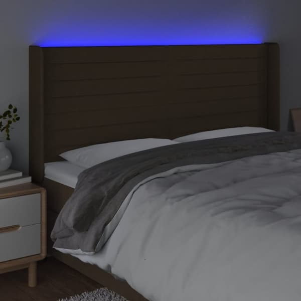 sengegavl med LED-lys 203x16x118/128 cm stof mørkebrun