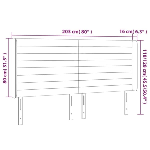 sengegavl med LED-lys 203x16x118/128 cm stof mørkebrun