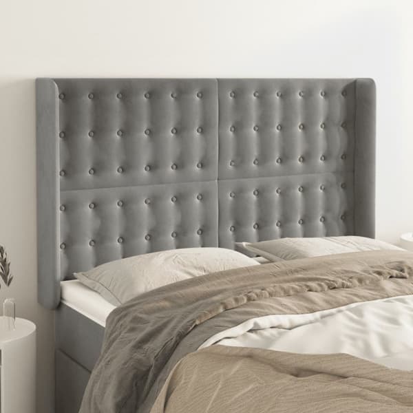 sengegavl med kanter 147x16x118/128 cm fløjl lysegrå