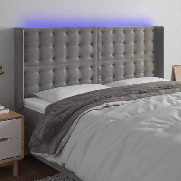 Sängyn pääty LED-valolla, vaaleanharmaa, 163x16x118/128 cm, sametti