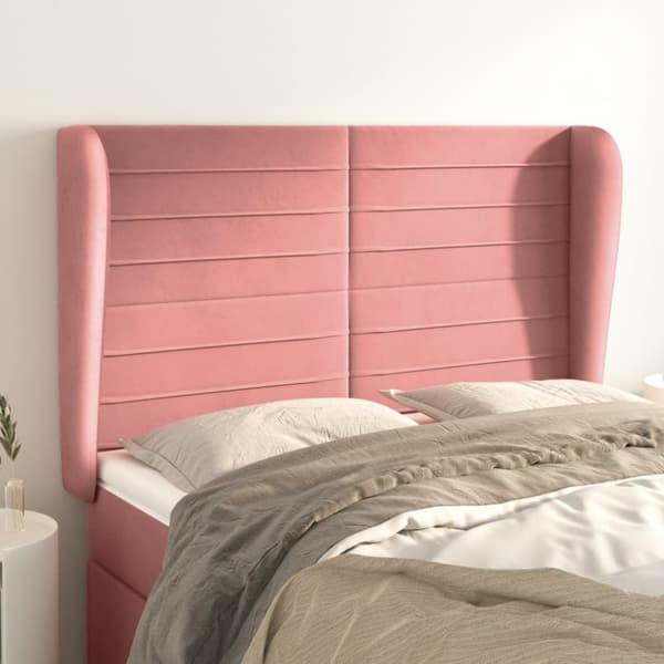 sengegavl med kanter 147x23x118/128 cm fløjl lyserød