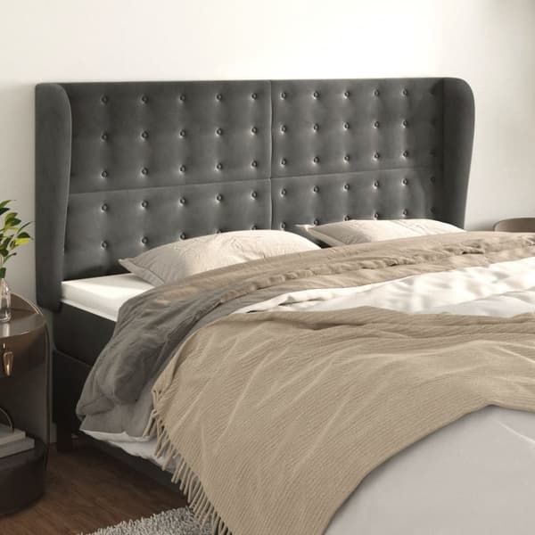 sengegavl med kanter 163x23x118/128 cm fløjl mørkegrå