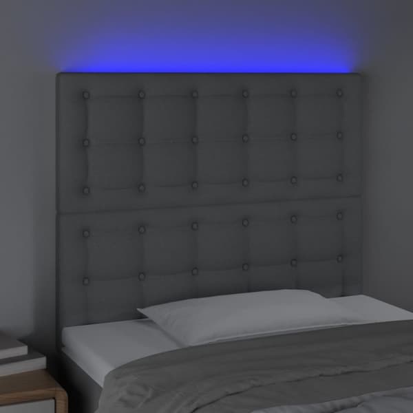 sengegavl med LED-lys 80x5x118/128 cm stof lysegrå