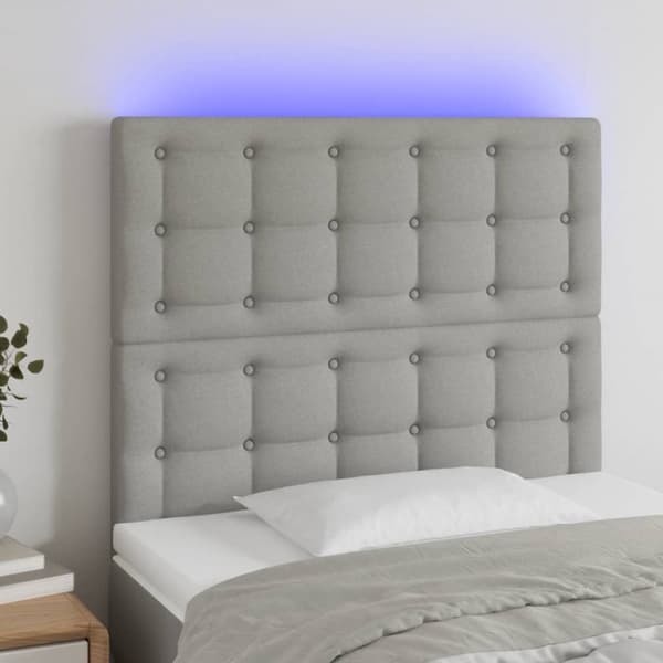 sengegavl med LED-lys 80x5x118/128 cm stof lysegrå