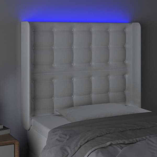 Sängyn pääty LED-valolla, valkoinen, 83x16x118/128cm, keinonahka