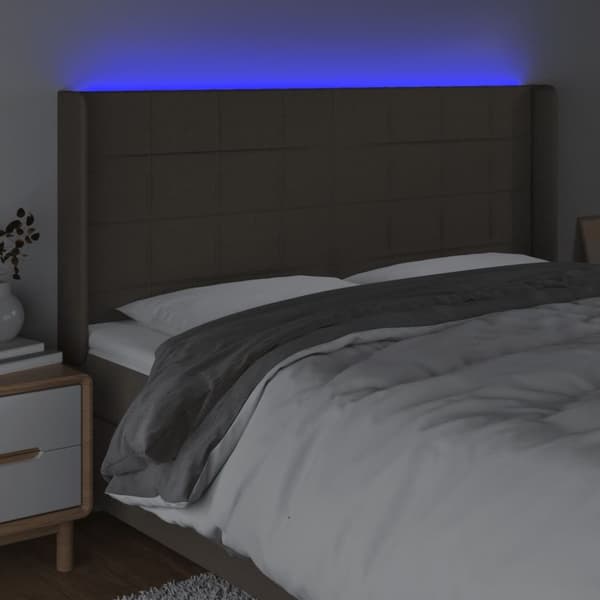 sengegavl med LED-lys 163x16x118/128 cm stof gråbrun