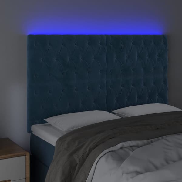 sengegavl med LED-lys 160x7x118/128 cm fløjl mørkeblå