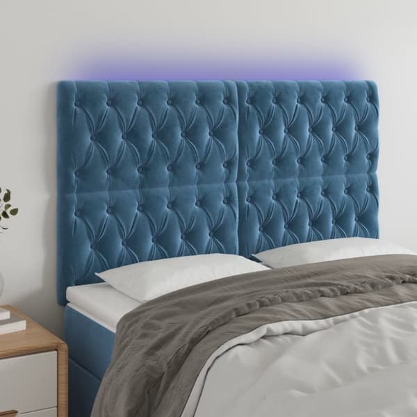 sengegavl med LED-lys 160x7x118/128 cm fløjl mørkeblå