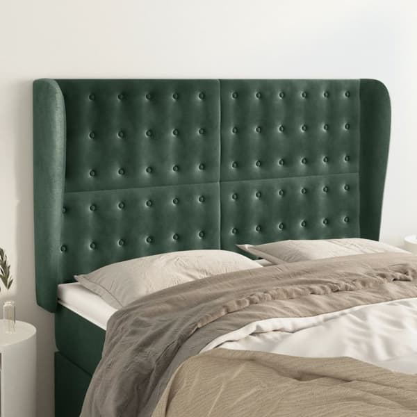 Sänggavel med kanter mörkgrön 147x23x118/128 cm sammet