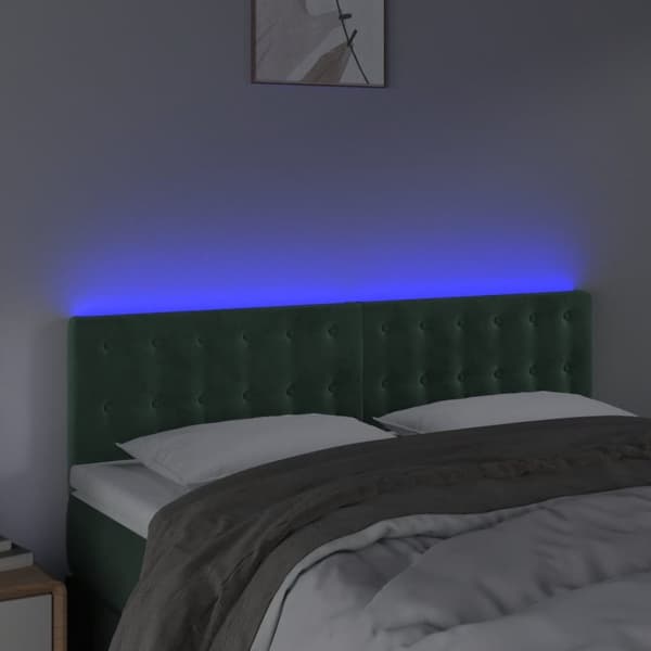 sengegavl med LED-lys 144x5x78/88 cm fløjl mørkegrøn