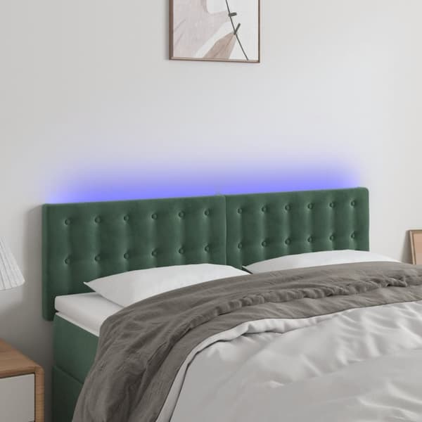 sengegavl med LED-lys 144x5x78/88 cm fløjl mørkegrøn