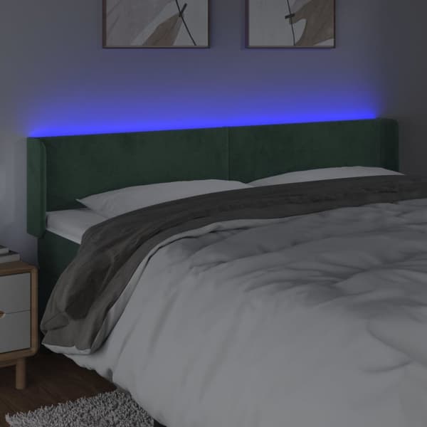 sengegavl med LED-lys 163x16x78/88 cm fløjl mørkegrøn