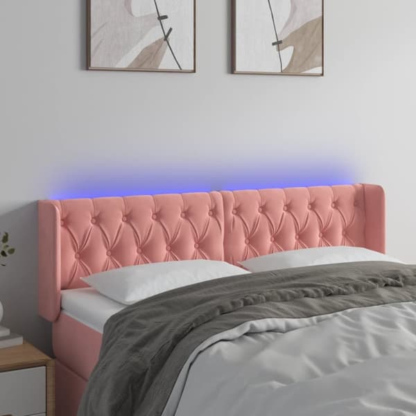 sengegavl med LED-lys 163x16x78/88 cm fløjl lyserød