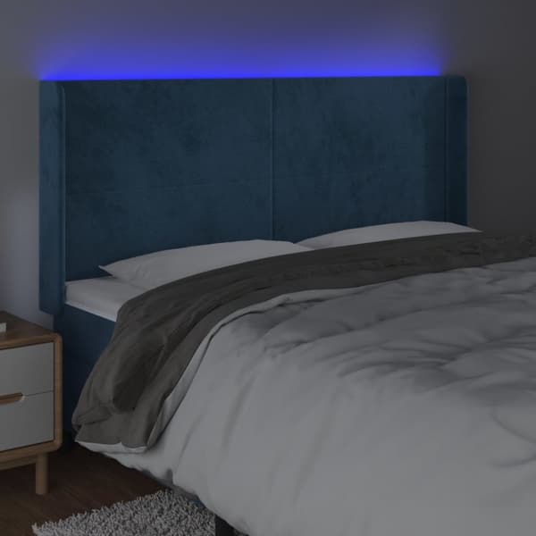 sengegavl med LED-lys 183x16x118/128 cm fløjl mørkeblå