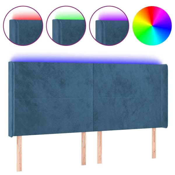 sengegavl med LED-lys 183x16x118/128 cm fløjl mørkeblå