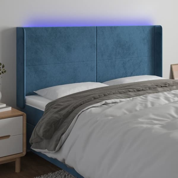 sengegavl med LED-lys 183x16x118/128 cm fløjl mørkeblå