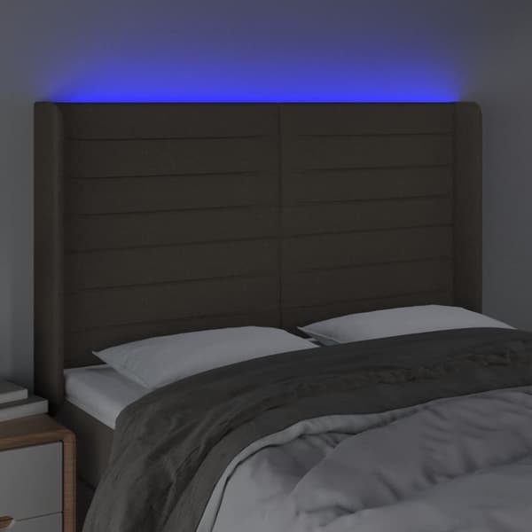 Sängyn pääty LED-valolla, taupe, 147x16x118/128 cm, kangas